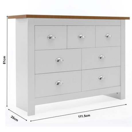 Wide white chest of drawer with dimensions labeled, featuring a wooden top and silver cup.