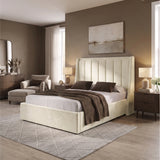[Beige | King] Winged ottoman storage bed angled room view with winged vertical panel headboard and bedding