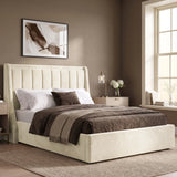 [Beige | King] Winged ottoman storage bed angled room view with winged vertical panel headboard and bedding