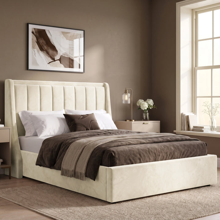 [Beige | King] Winged ottoman storage bed angled room view with winged vertical panel headboard and bedding