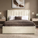 [Beige | King] Winged ottoman storage bed front view with winged vertical panel headboard and footboard