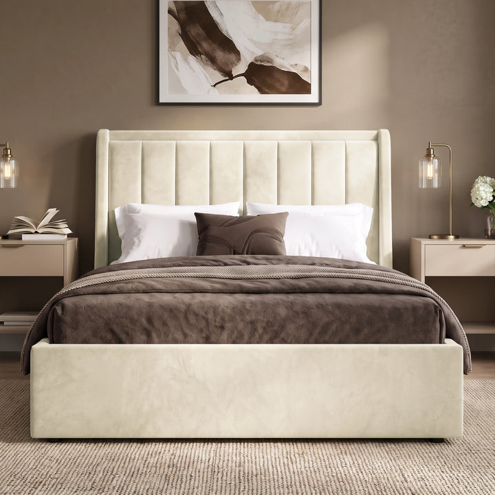 [Beige | King] Winged ottoman storage bed front view with winged vertical panel headboard and footboard