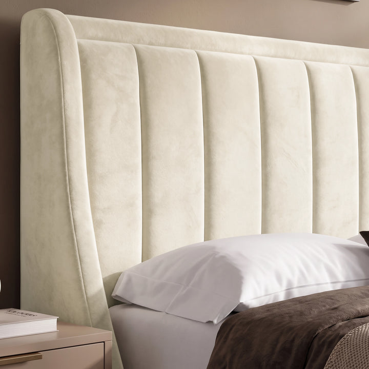[Beige | King] Close-up of padded winged vertical panel headboard in plush velvet fabric