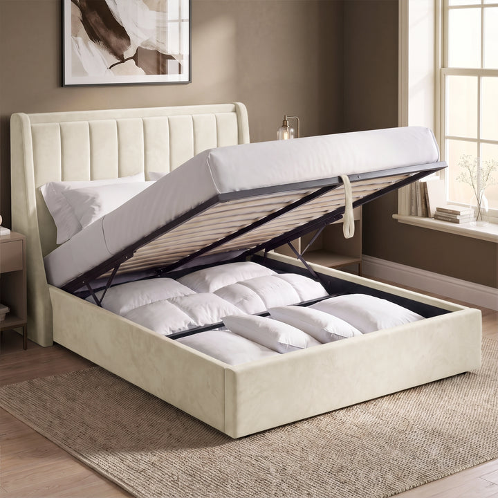 [Beige | King] Winged ottoman storage bed open with gas-lift frame, slats and under-bed storage