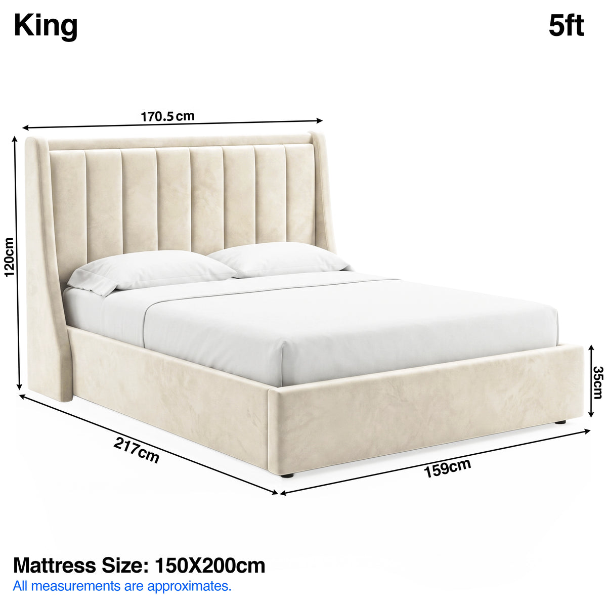 [Beige | King] Bed dimensions: frame 170.5W x 217L x 120H cm, footboard 35 cm; mattress 150 x 200 cm