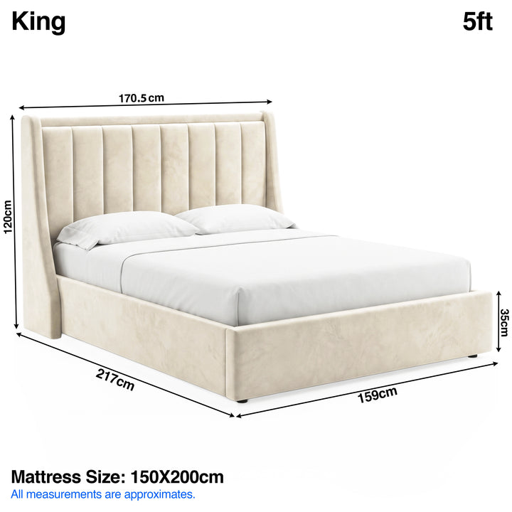 [Beige | King] Bed dimensions: frame 170.5W x 217L x 120H cm, footboard 35 cm; mattress 150 x 200 cm