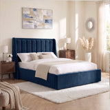 [Blue | King] Winged ottoman storage bed angled room view with winged vertical panel headboard and bedding
