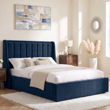[Blue | King] Winged ottoman storage bed angled room view with winged vertical panel headboard and bedding