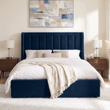 [Blue | King] Winged ottoman storage bed front view with winged vertical panel headboard and footboard