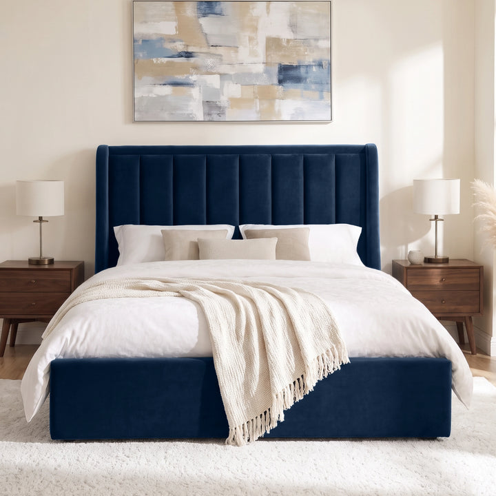 [Blue | King] Winged ottoman storage bed front view with winged vertical panel headboard and footboard