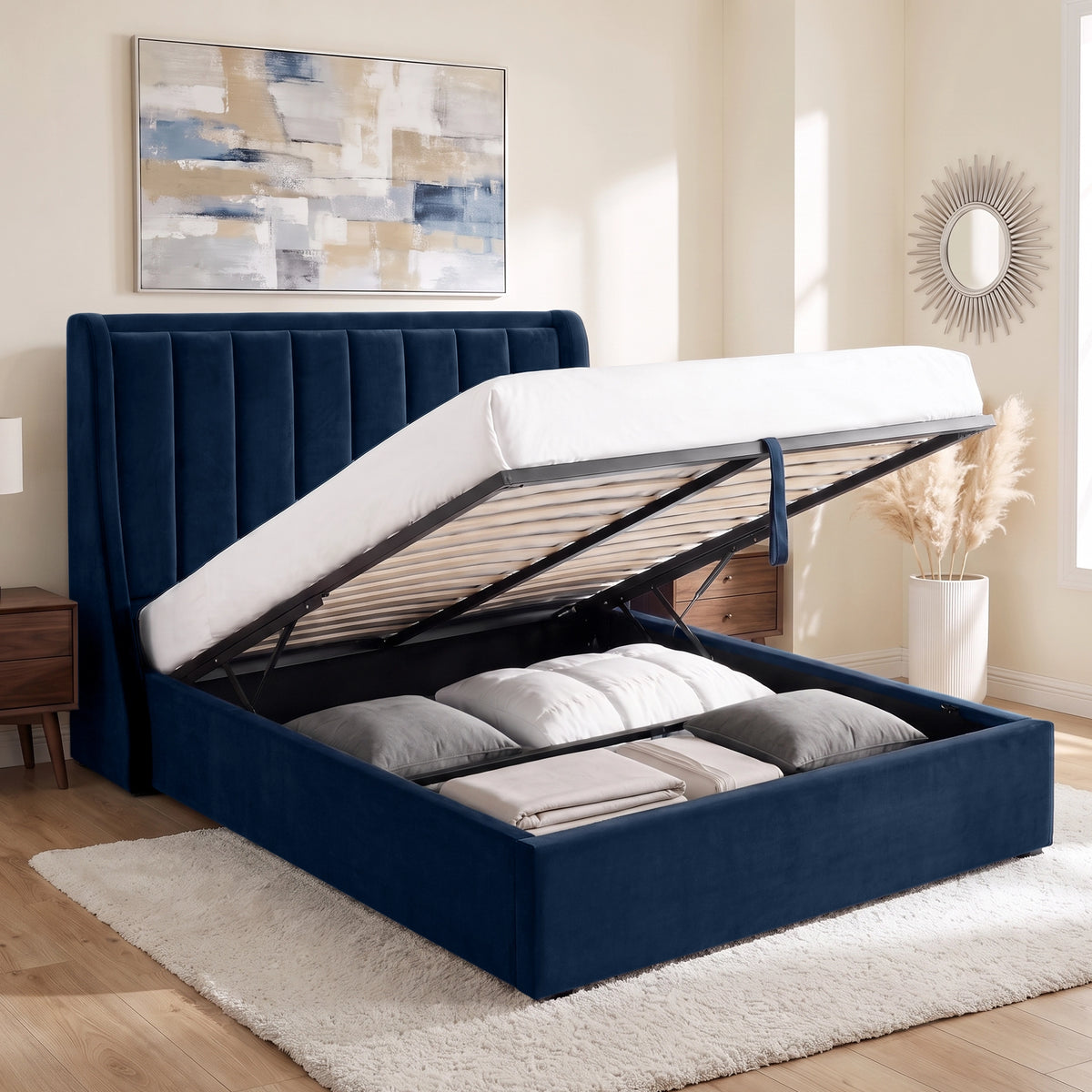 [Blue | King] Winged ottoman storage bed open with gas-lift frame, slats and under-bed storage