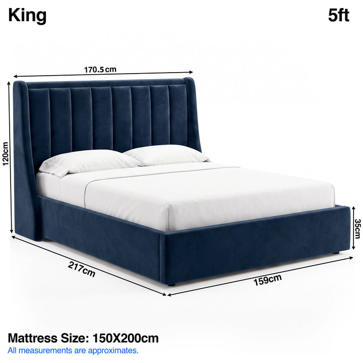 [Blue | King] Bed dimensions: frame 170.5W x 217L x 120H cm, footboard 35 cm; mattress 150 x 200 cm