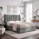[Grey | King] Winged ottoman storage bed angled room view with winged vertical panel headboard and bedding