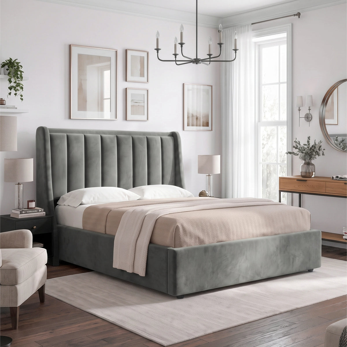 [Grey | King] Winged ottoman storage bed angled room view with winged vertical panel headboard and bedding