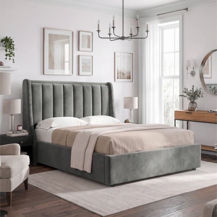 [Grey | King] Winged ottoman storage bed angled room view with winged vertical panel headboard and bedding