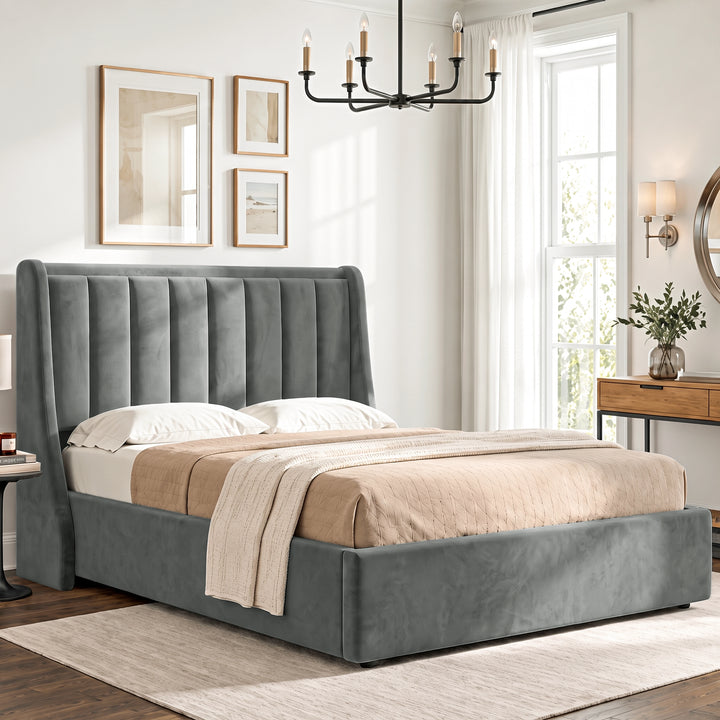 [Grey | King] Winged ottoman storage bed angled room view with winged vertical panel headboard and bedding