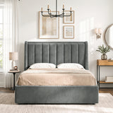 [Grey | King] Winged ottoman storage bed front view with winged vertical panel headboard and footboard