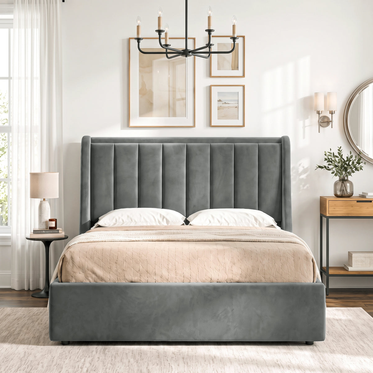 [Grey | King] Winged ottoman storage bed front view with winged vertical panel headboard and footboard