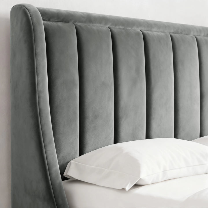 [Grey | King] Close-up of padded winged vertical panel headboard in plush velvet fabric