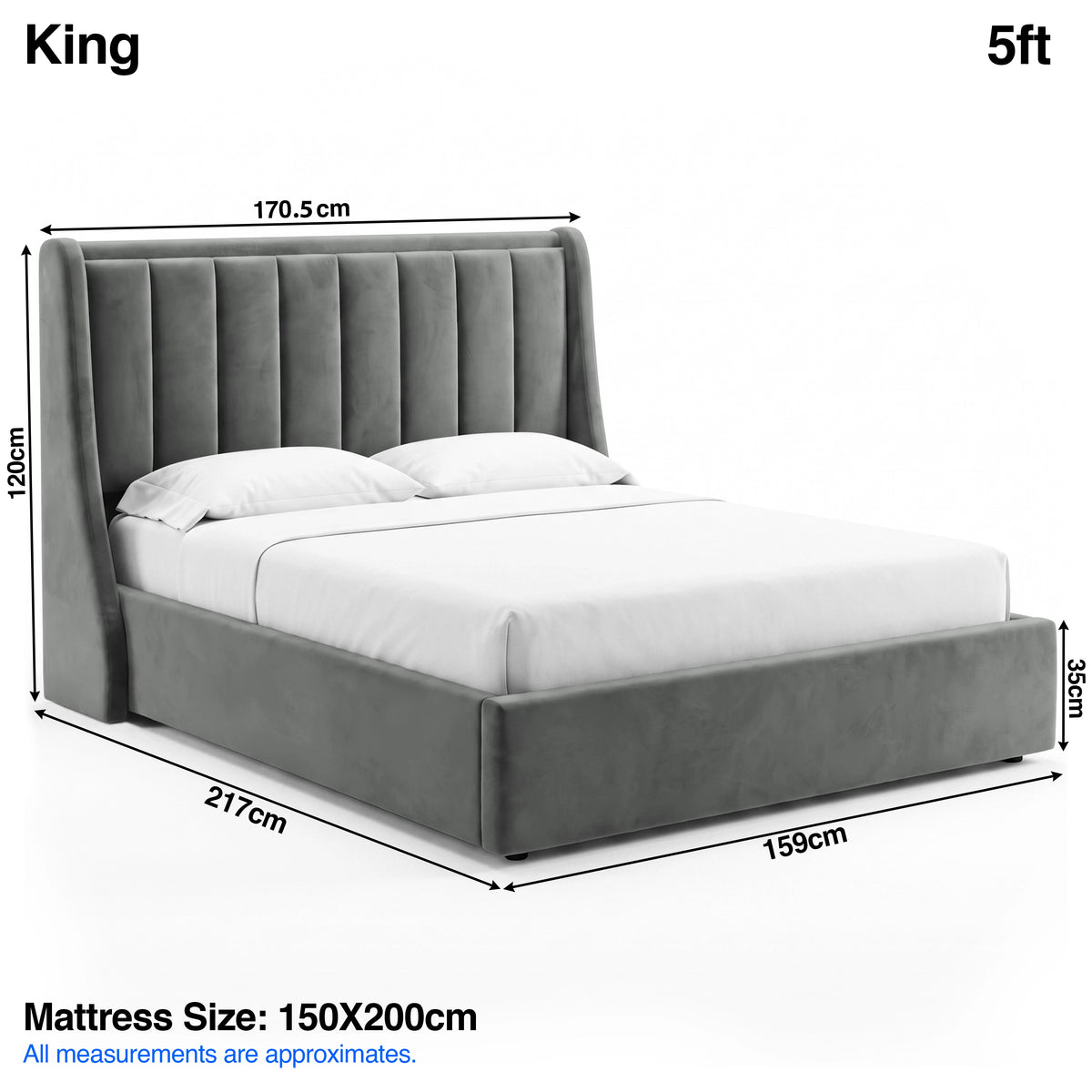 [Grey | King] Bed dimensions: frame 170.5W x 217L x 120H cm, footboard 35 cm; mattress 150 x 200 cm