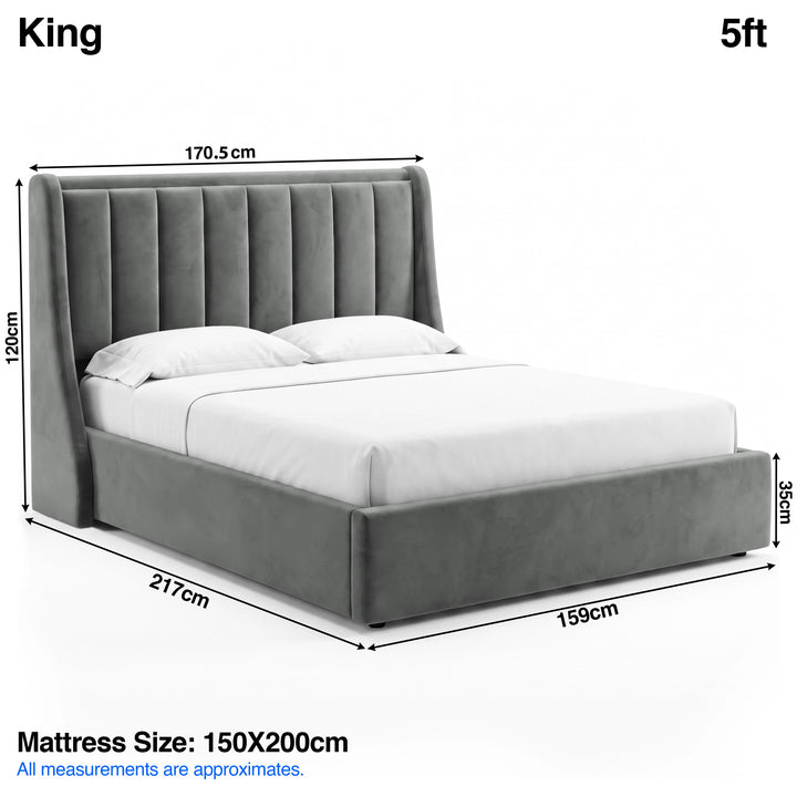 [Grey | King] Bed dimensions: frame 170.5W x 217L x 120H cm, footboard 35 cm; mattress 150 x 200 cm