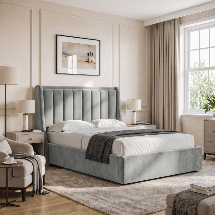 [Light Grey | King] Winged ottoman storage bed angled room view with winged vertical panel headboard and bedding