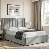 [Light Grey | King] Winged ottoman storage bed angled room view with winged vertical panel headboard and bedding