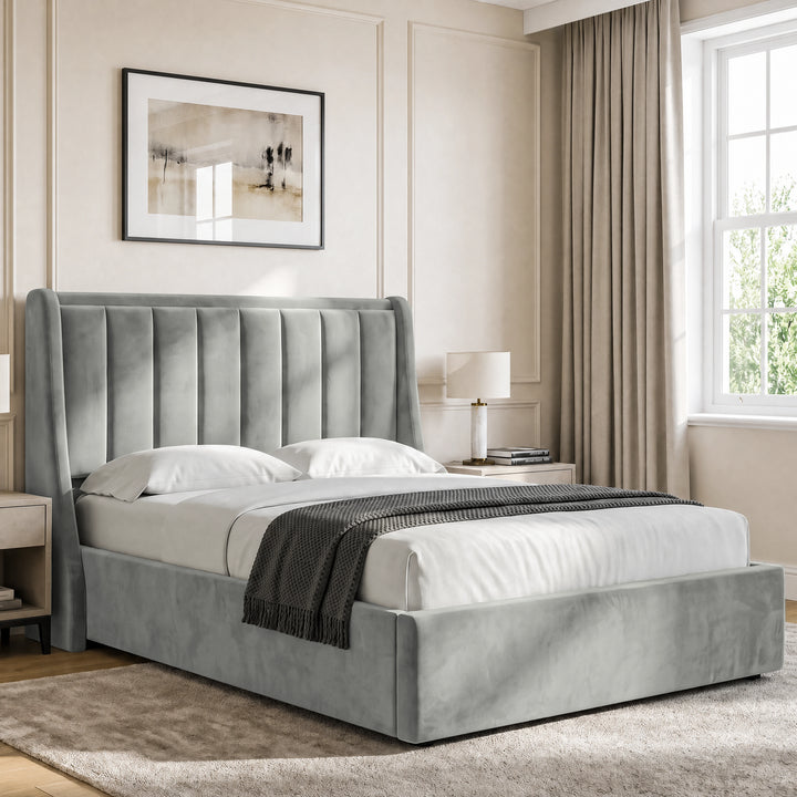 [Light Grey | King] Winged ottoman storage bed angled room view with winged vertical panel headboard and bedding