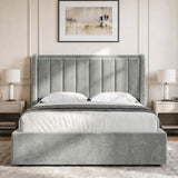 [Light Grey | King] Winged ottoman storage bed front view with winged vertical panel headboard and footboard