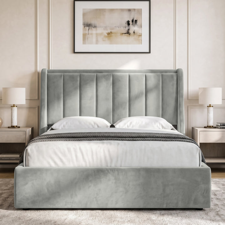 [Light Grey | King] Winged ottoman storage bed front view with winged vertical panel headboard and footboard