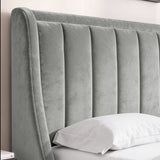 [Light Grey | King] Close-up of padded winged vertical panel headboard in plush velvet fabric