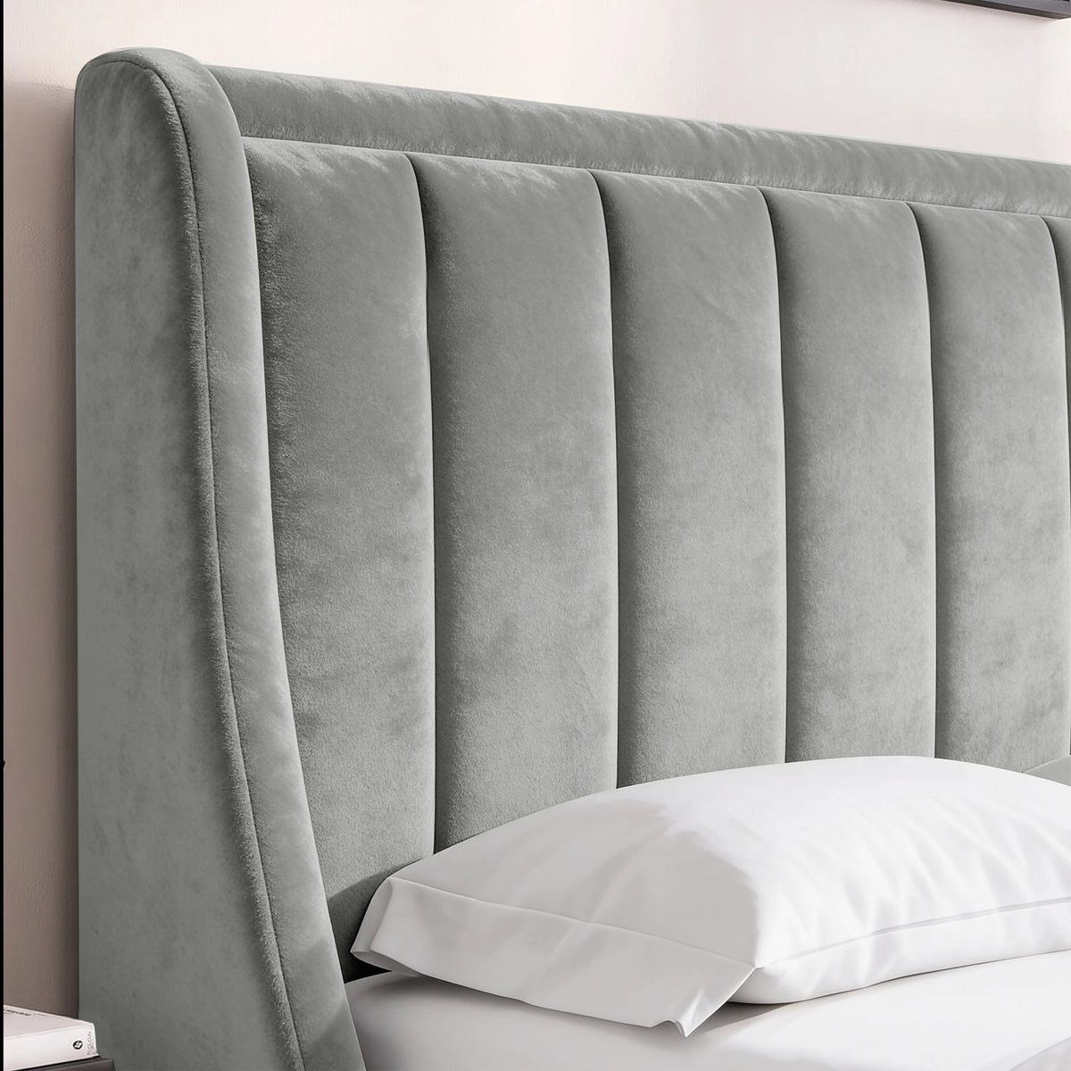 [Light Grey | King] Close-up of padded winged vertical panel headboard in plush velvet fabric