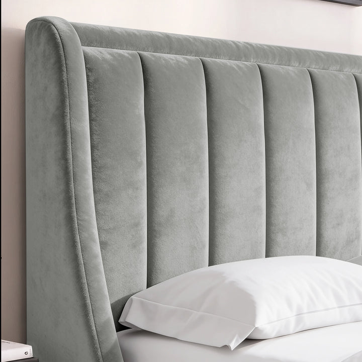 [Light Grey | King] Close-up of padded winged vertical panel headboard in plush velvet fabric