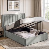 [Light Grey | King] Winged ottoman storage bed open with gas-lift frame, slats and under-bed storage
