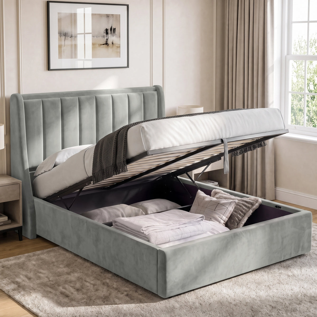 [Light Grey | King] Winged ottoman storage bed open with gas-lift frame, slats and under-bed storage