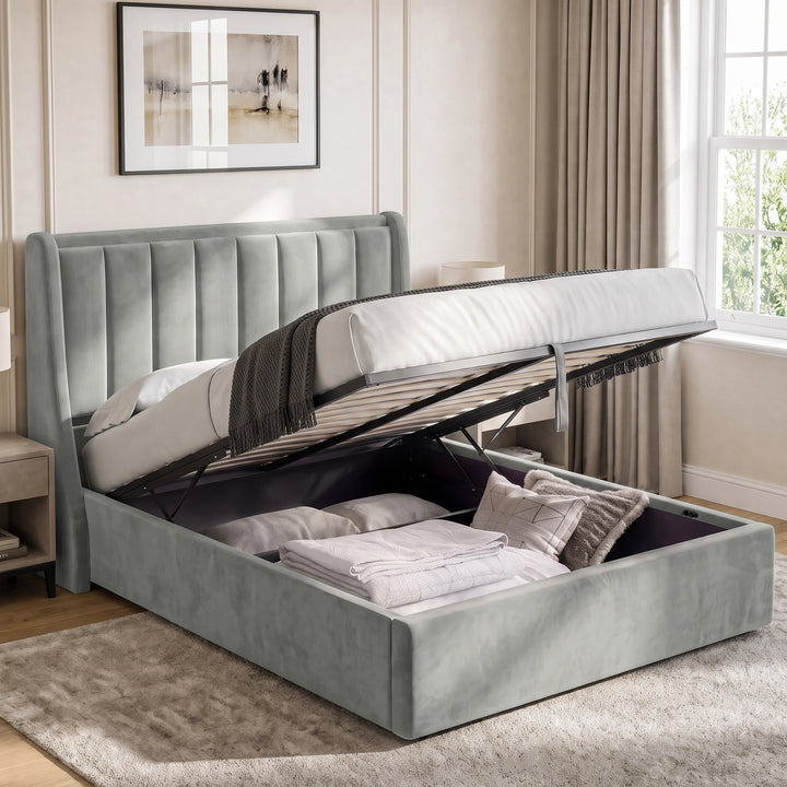 [Light Grey | King] Winged ottoman storage bed open with gas-lift frame, slats and under-bed storage