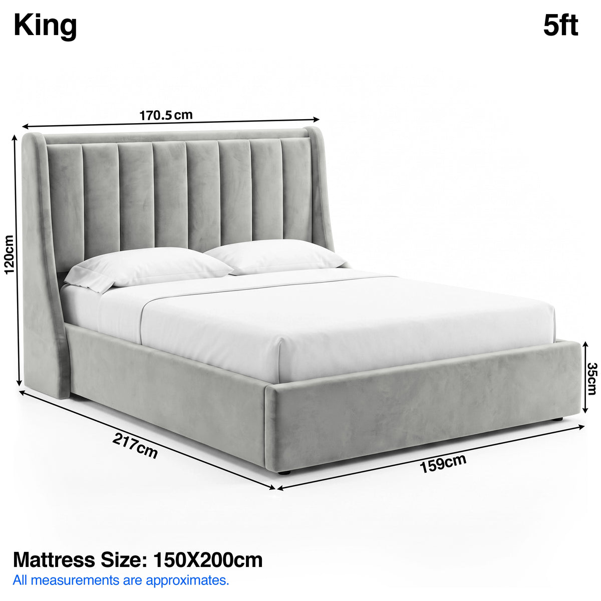 [Light Grey | King] Bed dimensions: frame 170.5W x 217L x 120H cm, footboard 35 cm; mattress 150 x 200 cm