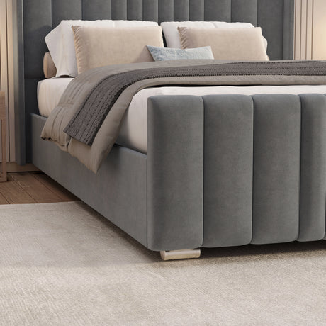 Winged Ottoman Bed Frame with Lines in grey velvet finish featuring vertical panel headboard and hidden under-bed storage, ideal for modern bedrooms.