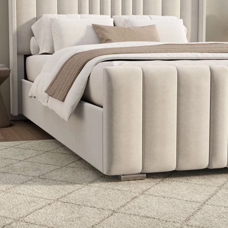 Winged Ottoman Bed Frame with Lines in beige velvet featuring vertical panel design and hidden under-bed storage. Ideal for modern bedroom interiors.