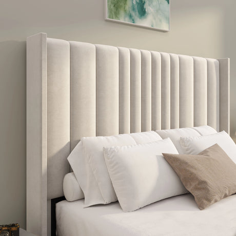 Winged Ottoman Bed Frame with Lines in beige velvet featuring vertical panel headboard and plush cushions, ideal for stylish bedroom storage.