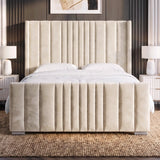 [King | Beige] upholstered bed frame with a tall, vertically channel-tufted headboard and matching footboard, styled in a modern bedroom setting