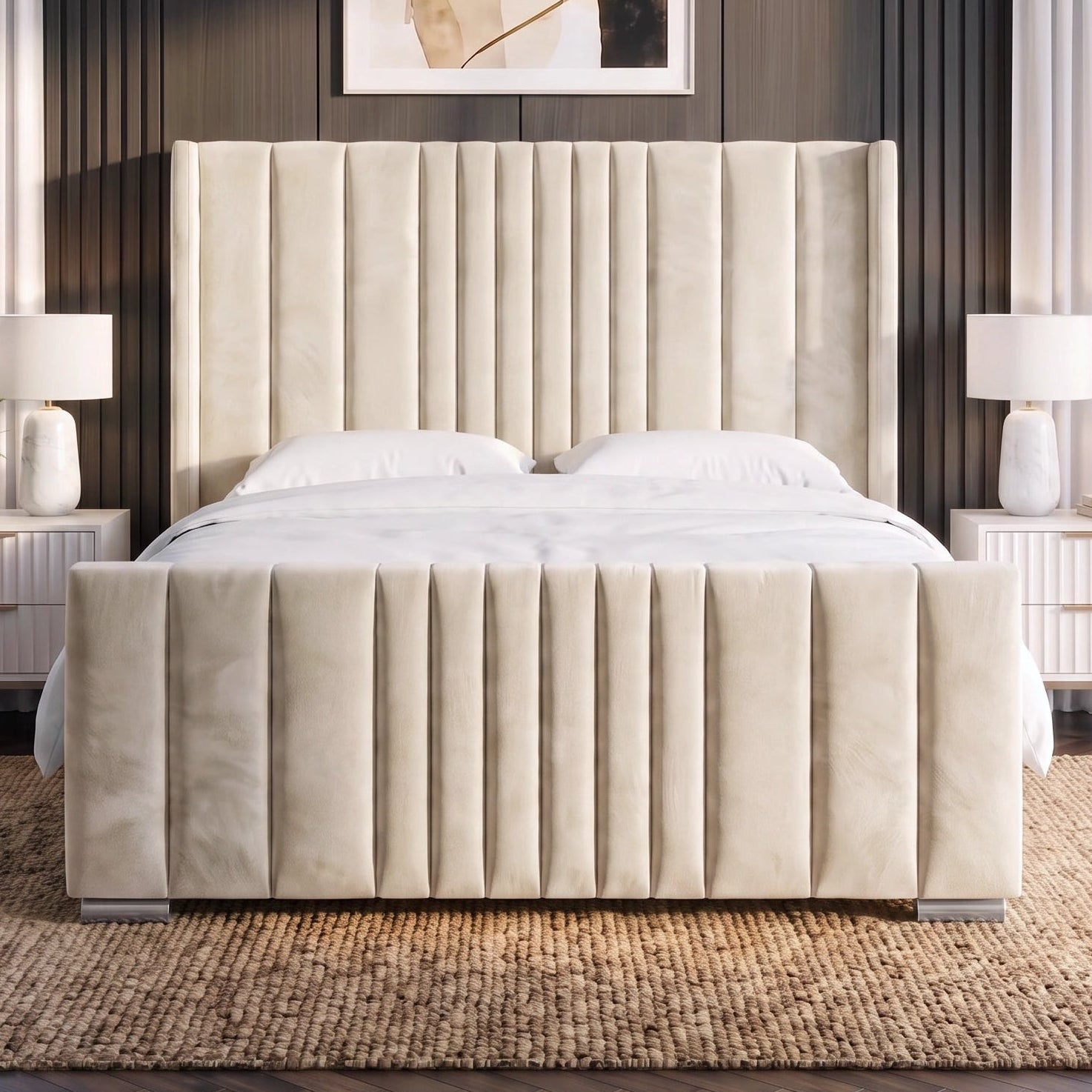 [King | Beige] upholstered bed frame with a tall, vertically channel-tufted headboard and matching footboard, styled in a modern bedroom setting