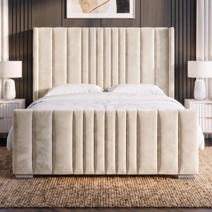 [King | Beige] upholstered bed frame with a tall, vertically channel-tufted headboard and matching footboard, styled in a modern bedroom setting