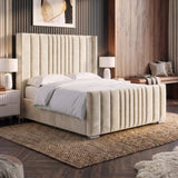 [King | Beige] upholstered bed with a tall, vertically channel-tufted headboard and matching footboard, styled in a modern bedroom setting
