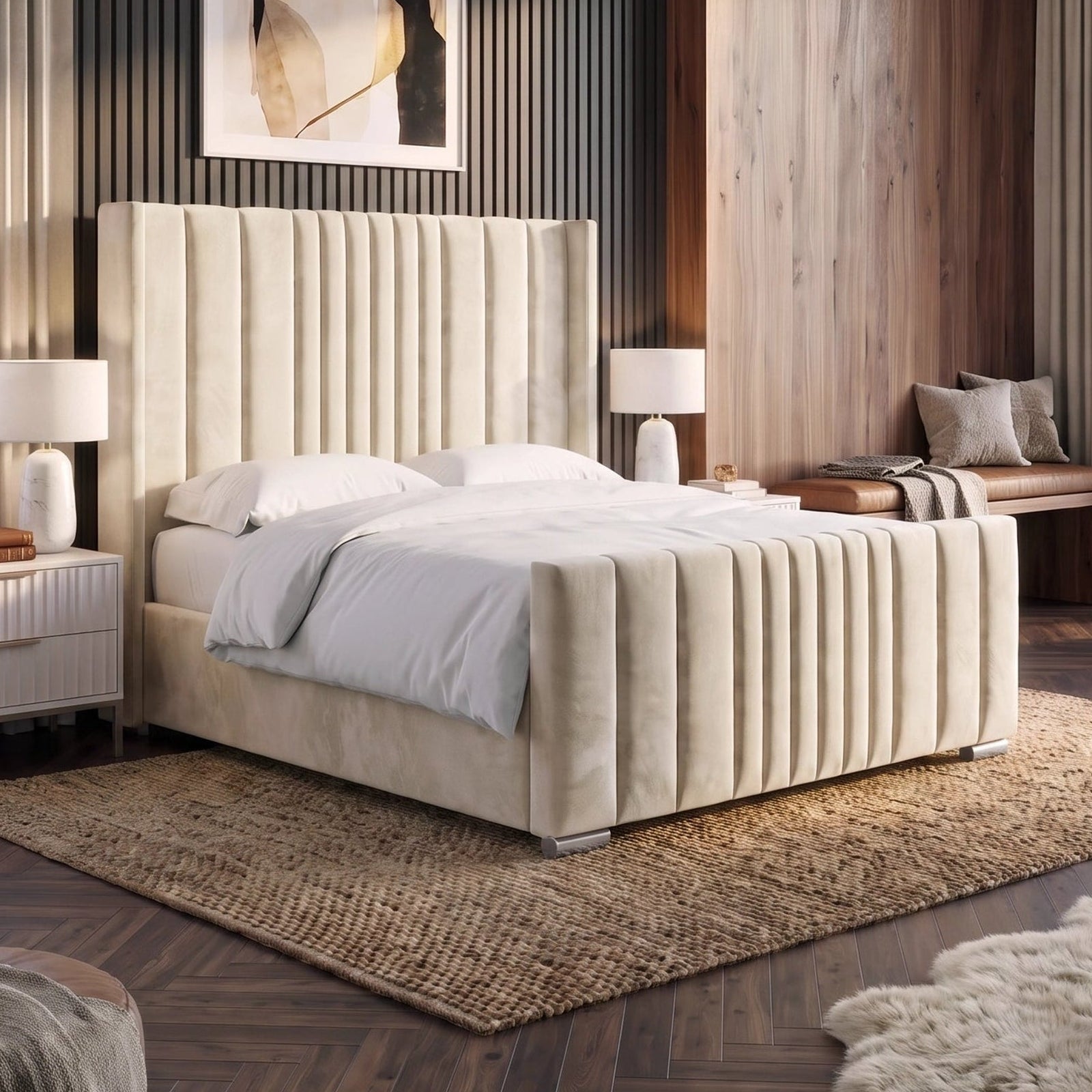 [King | Beige] upholstered bed with a tall, vertically channel-tufted headboard and matching footboard, styled in a modern bedroom setting