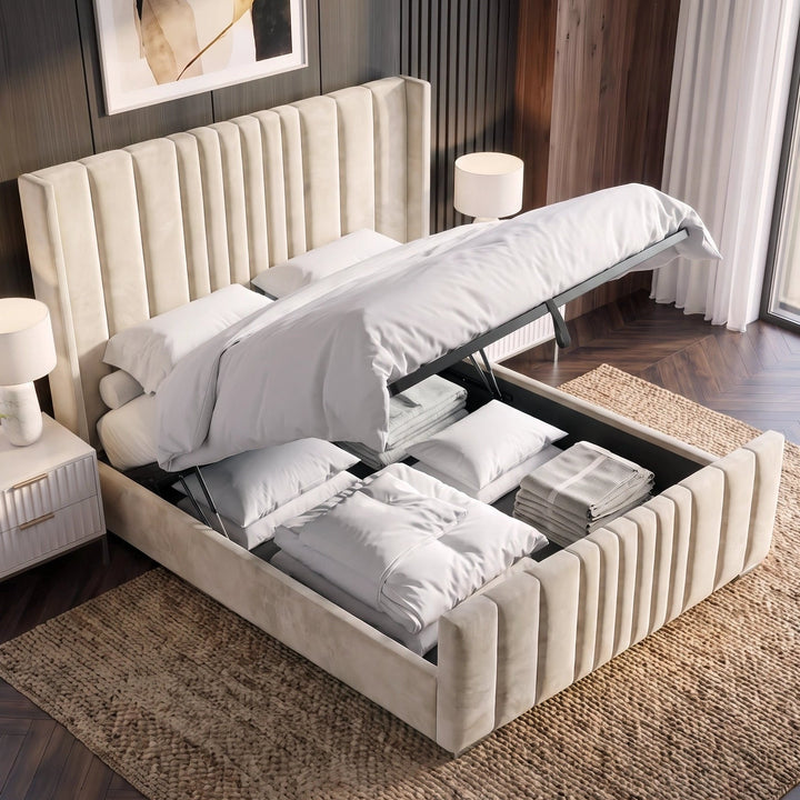 [King | Beige] Gas-strut mechanism raising mattress showing full-length storage in channel-stitched frame