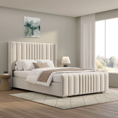 Winged Ottoman Bed Frame with Lines in beige velvet finish featuring vertical paneling and hidden under-bed storage, ideal for modern bedrooms.