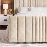 [King | Beige] Bed frame footboard close-up with knit throw draped and vertical channels below