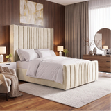 [King | Beige] Winged ottoman bed in bright room showing vertical line headboard and matching footboard