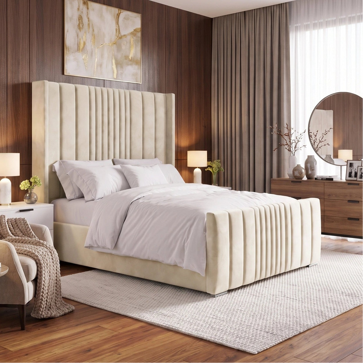 [King | Beige] Winged ottoman bed in bright room showing vertical line headboard and matching footboard
